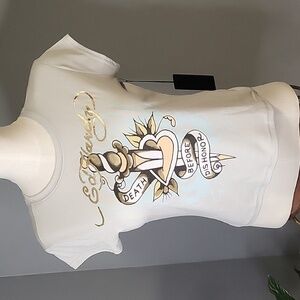 Ed Hardy - Death Before Dishonor Tatoo Inspired Gray Cap Sleeve T-Shirt - Size M
